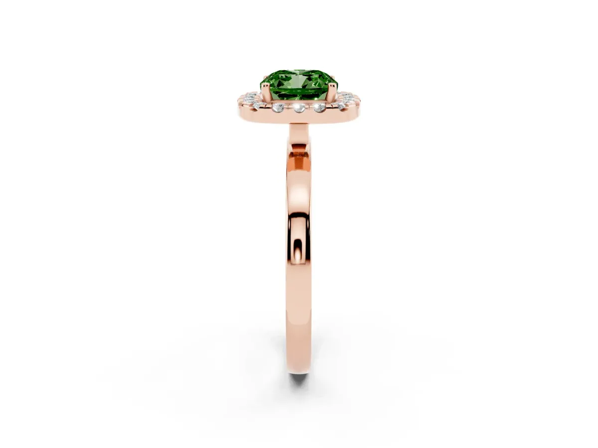 Fancy Green Cushion Cut Halo Diamond Solitaire with Pavé Band and Four-Prong Setting Rose gold