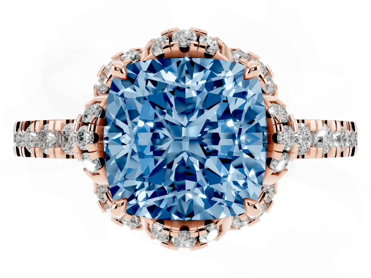 Fancy Blue Cushion Cut Halo Diamond Pave Band Ring with Four-Prong Setting Rose gold