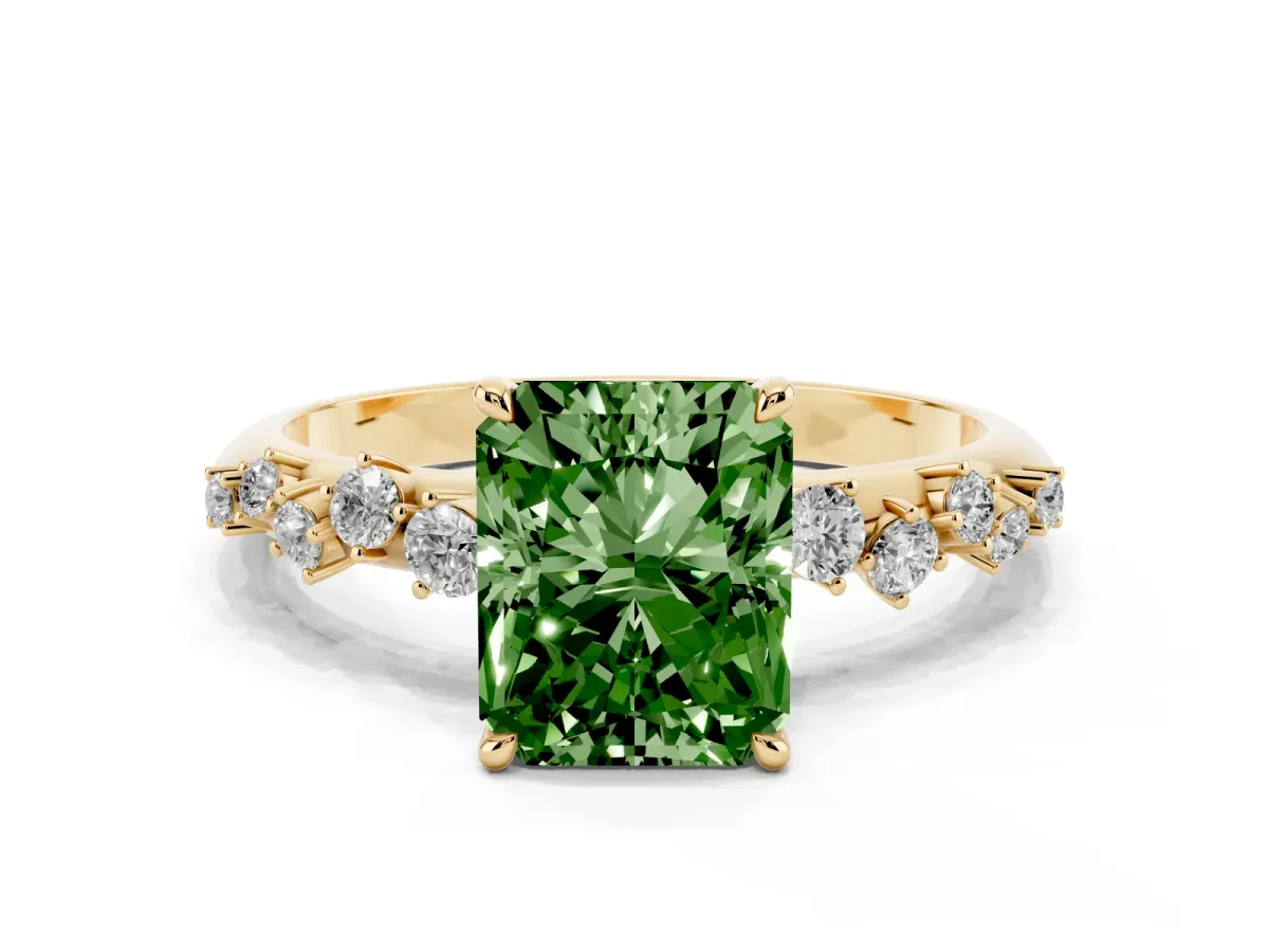 Fancy Green Radiant Cut Diamond Cluster Side Stone Solitaire Ring with Prong Setting Yellow gold