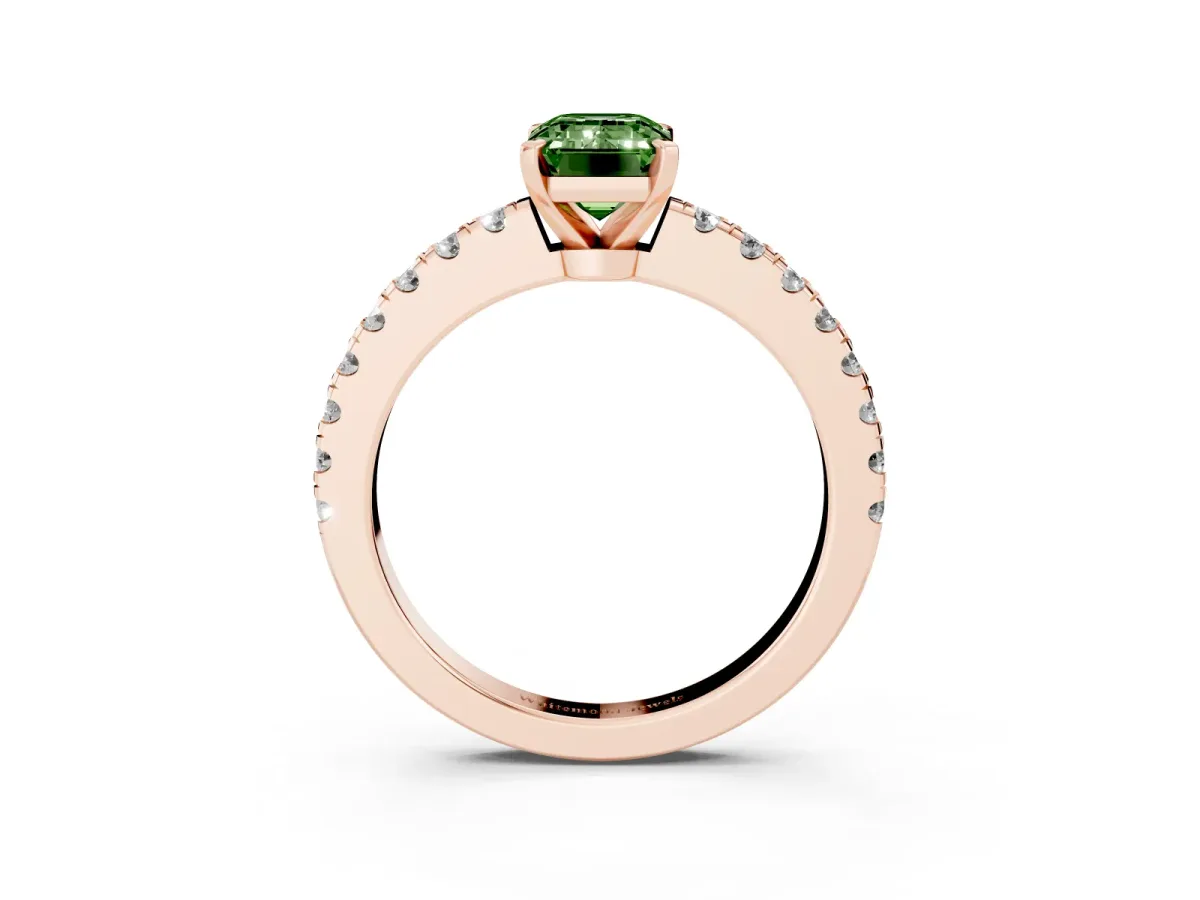 Fancy Green Emerald Cut Solitaire Diamond with Pavé Band and Four-Prong Setting Rose gold