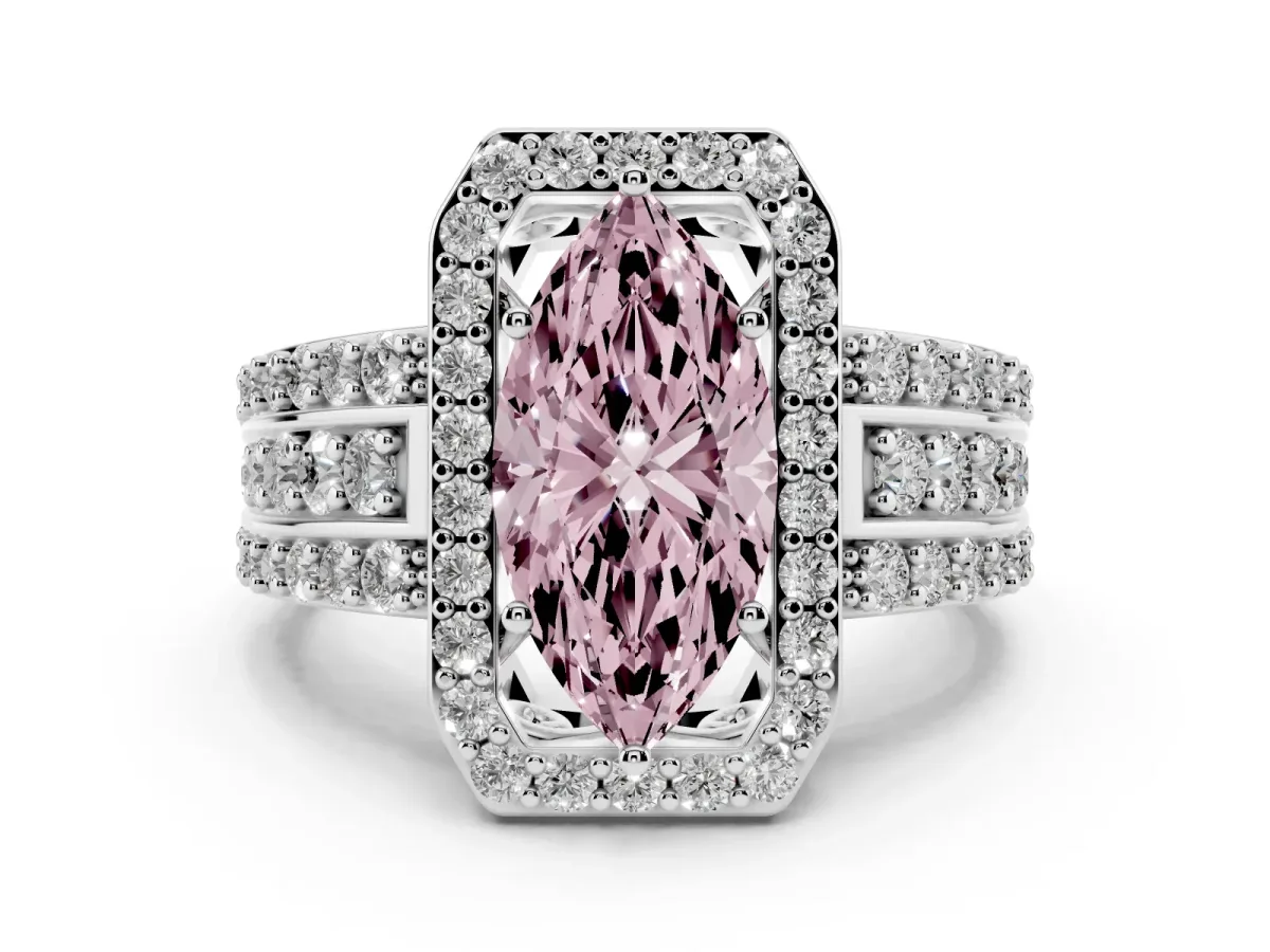 Fancy Pink Marquise Cut Halo Diamond Ring with Round Split Shank and Prong Setting Silver