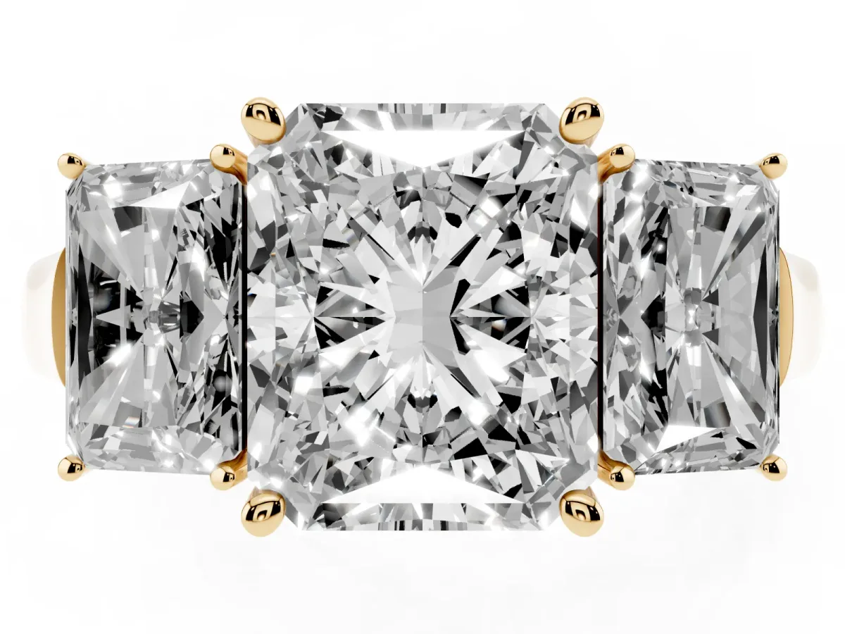 Three-Stone Radiant Cut Brilliant Diamond Trellis Ring with Comfort Fit Band Yellow gold