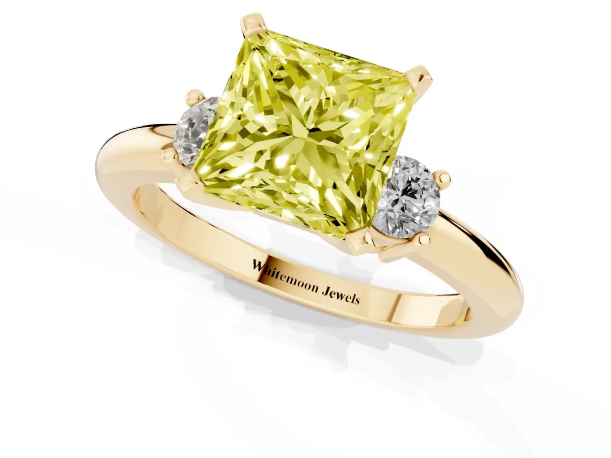 Fancy Yellow Three-Stone Princess Cut Cut Diamond Solitaire with Prong Setting and Classic Band Yellow gold