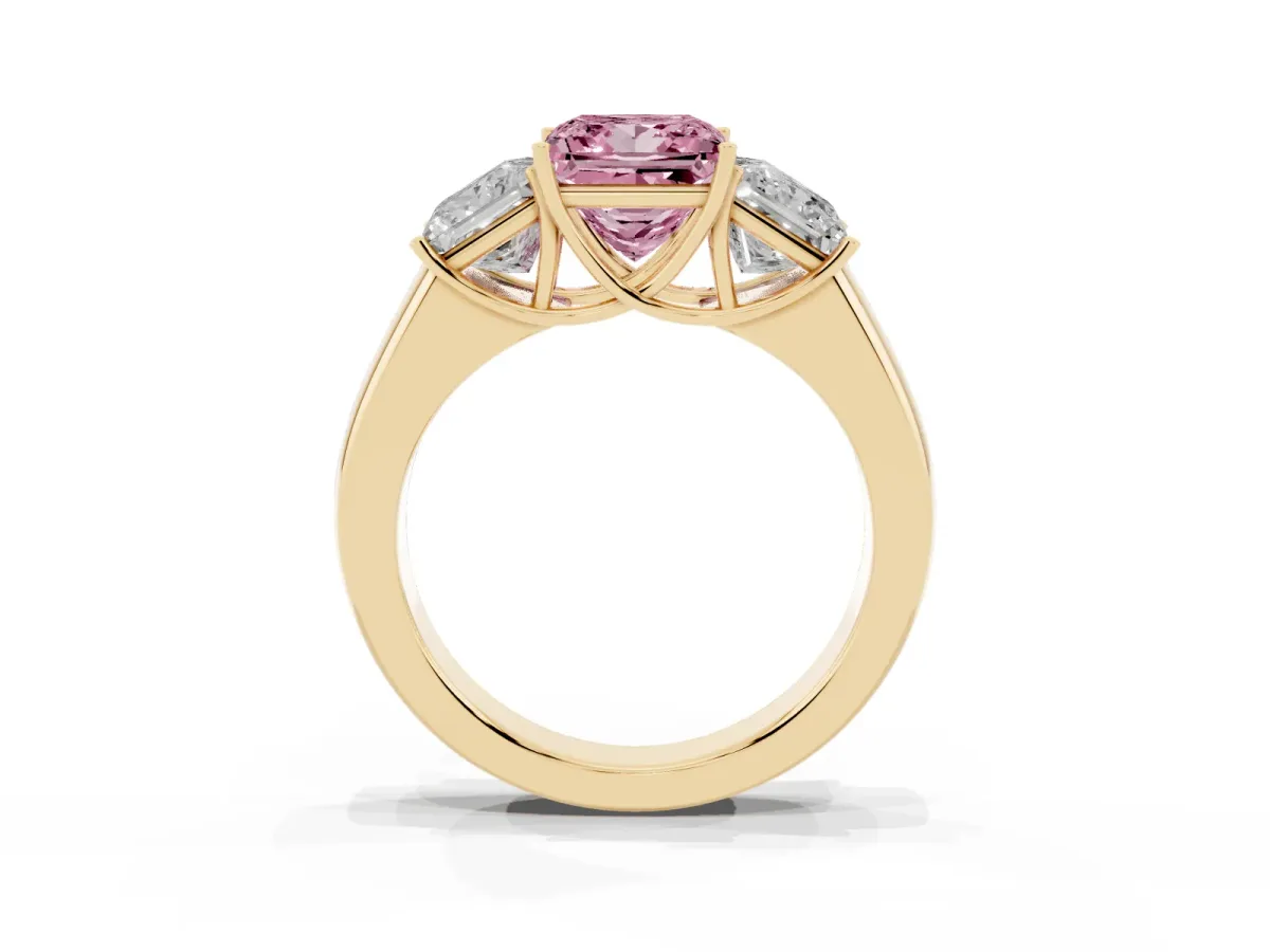 Fancy Pink Three-Stone Princess Cut Cut Diamond Ring with Prong Setting and Classic Band Yellow gold