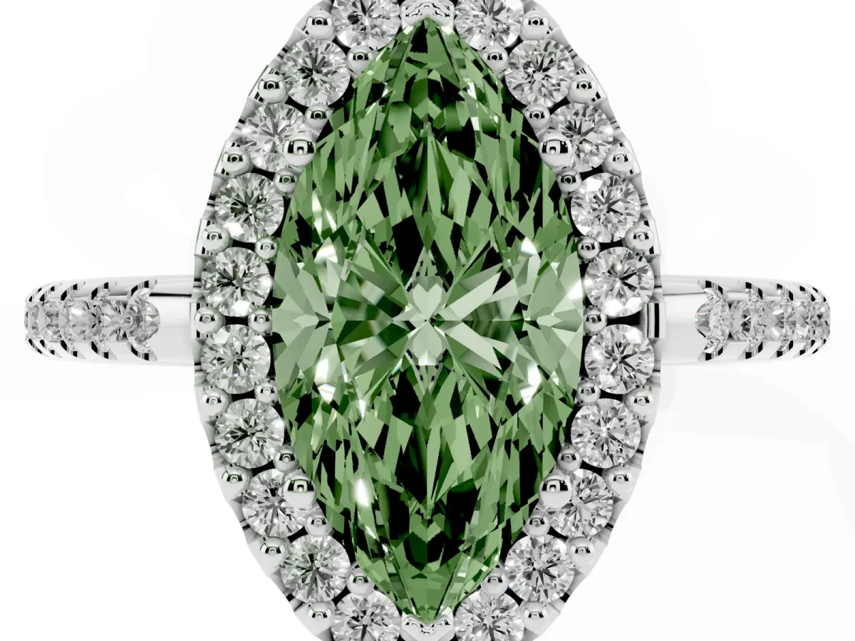 Fancy Green Marquise Cut Diamond Pavé Halo Ring with Four-Prong Setting Silver