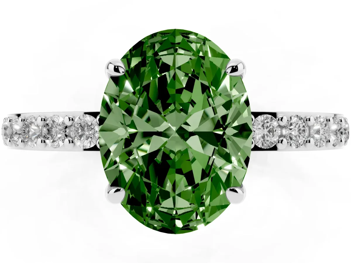 Fancy Green Oval Cut Diamond Pavé Engagement Ring with Round Accents and Prong Setting Silver