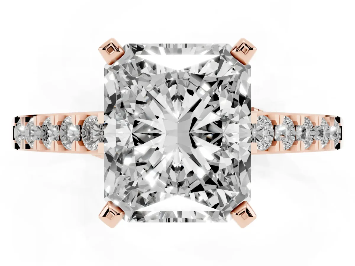 Radiant Cut Diamond Solitaire Ring with Crossover Gallery and Round Pavé Band Rose gold
