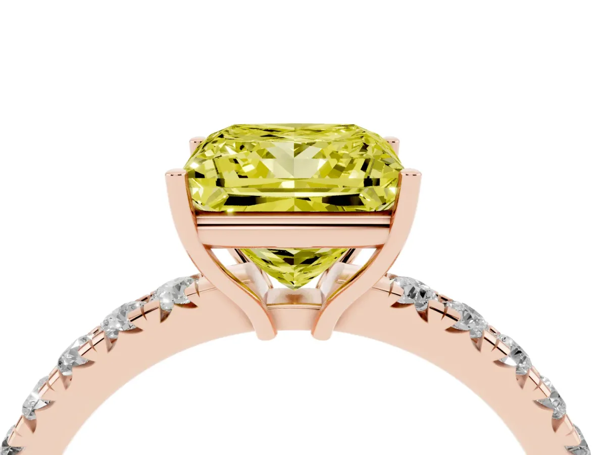 Fancy Yellow Princess Cut Diamond Pavé Solitaire Engagement Ring with Four-Prong Setting Rose gold