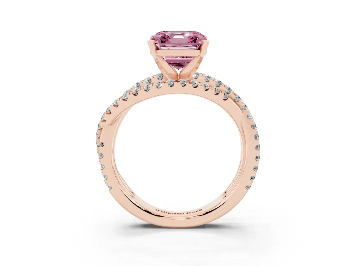 Fancy Pink Asscher Cut Solitaire Twist Band with Pavé Setting and Four-Prong Setting Rose gold