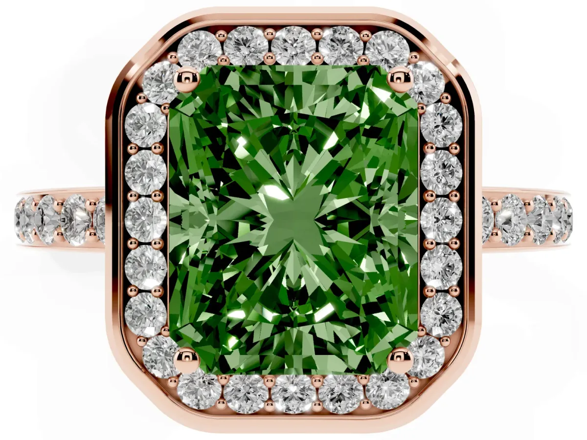 Fancy Green Radiant Cut Diamond Halo Ring with Bezel Frame and Pavé Band Rose gold