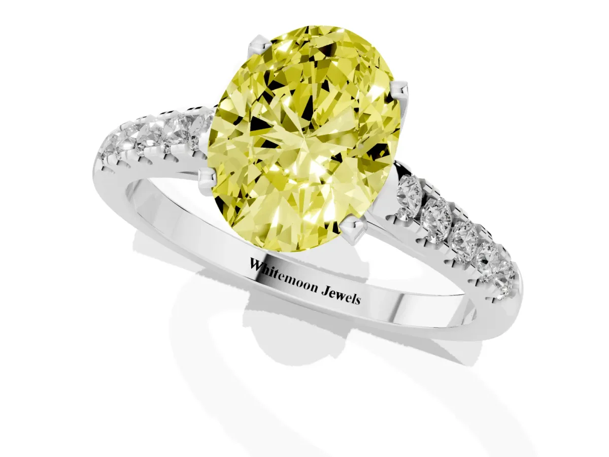 Fancy Yellow Oval Cut Diamond Pavé Band Solitaire Ring with Prong Setting Silver