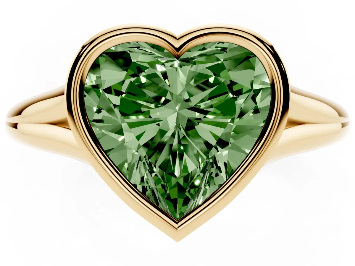 Fancy Green Bezel Set Heart Cut Cut Solitaire Ring with Tapered Band Yellow gold
