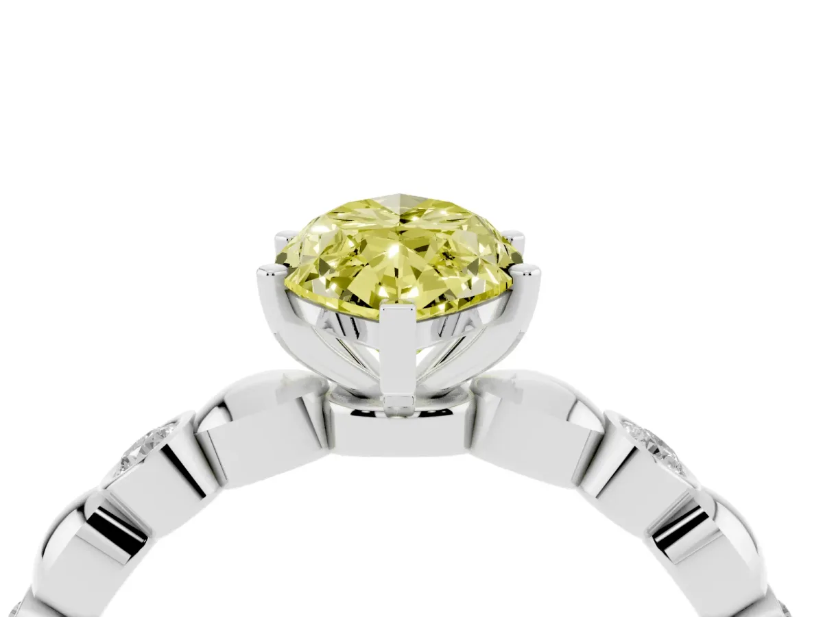 Fancy Yellow Marquise Cut Solitaire Bezel-Set Diamond Ring with Beaded Band and Four-Prong Setting Silver