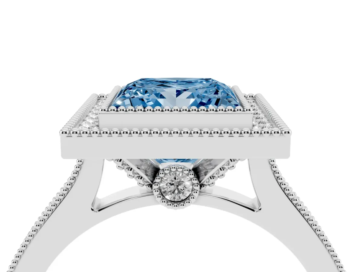 Fancy Blue Halo Princess Cut-Cut Diamond Pave Band Milgrain Prong Setting Ring Silver