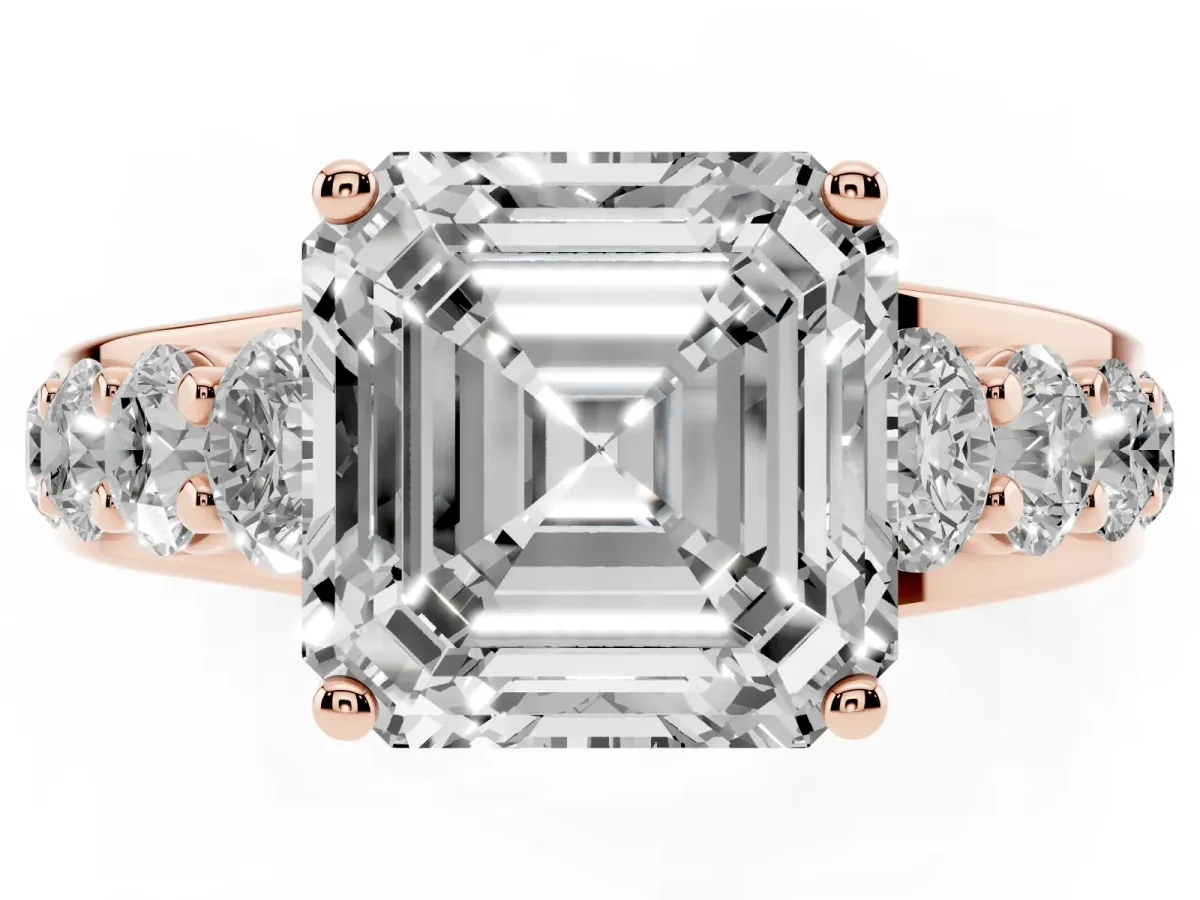 Asscher Cut Diamond Engagement Ring with Pavé Band and Four-Prong Setting Rose gold