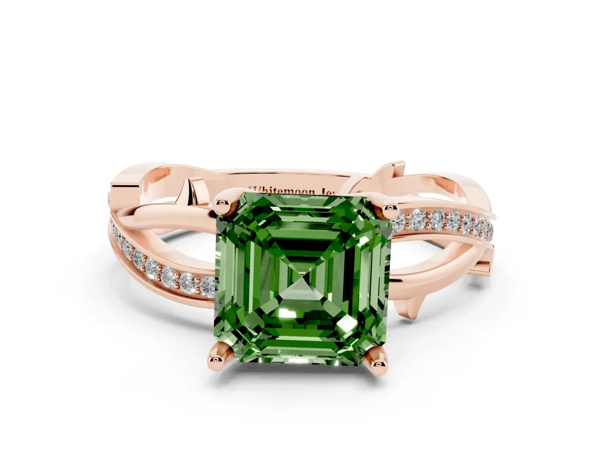 Fancy Green Asscher Cut Solitaire Twist Band with Pavé Accents and Four-Prong Setting Rose gold