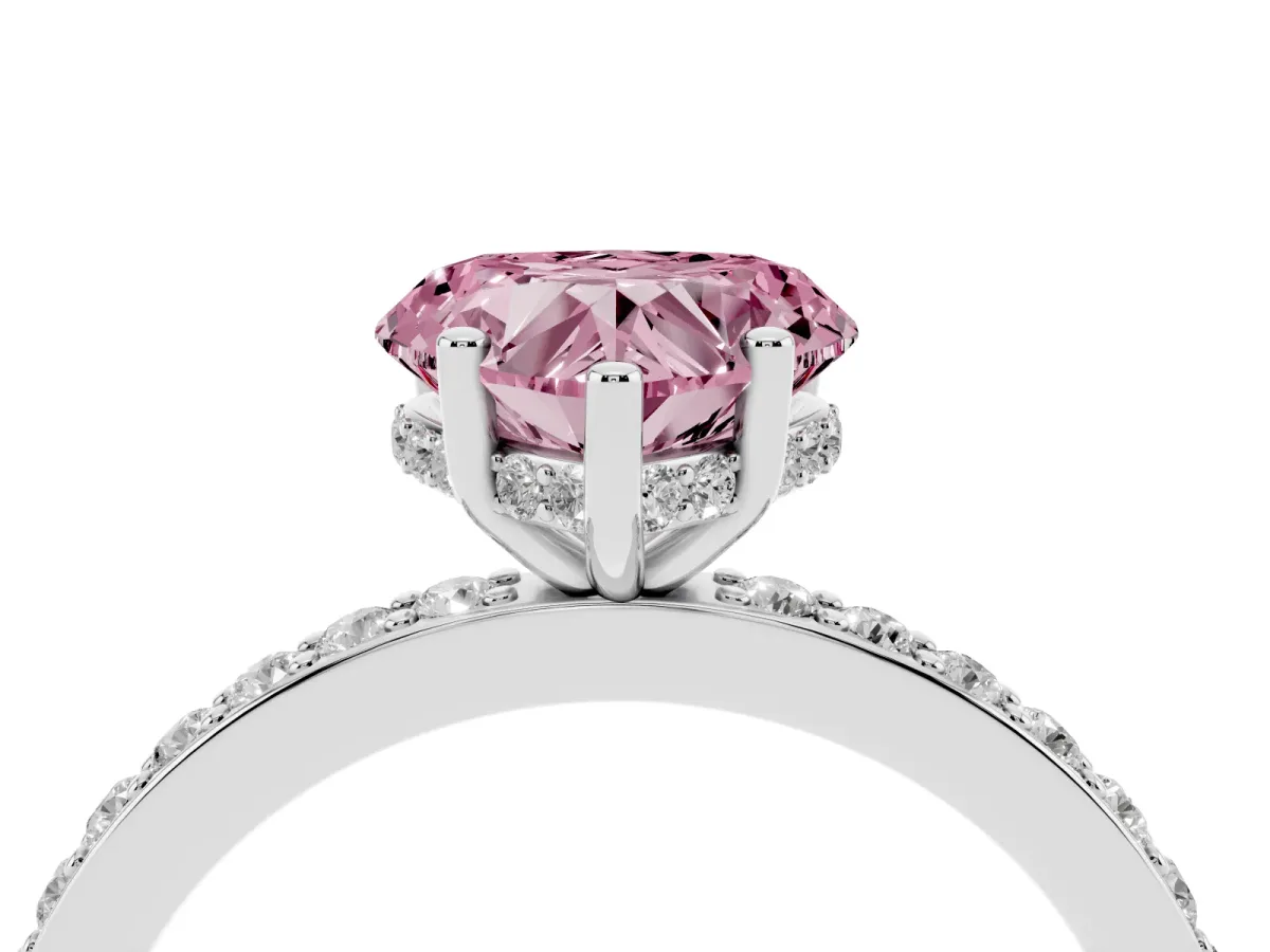 Fancy Pink Heart Cut Cut Diamond Pavé Band Ring with Four-Prong Setting Silver