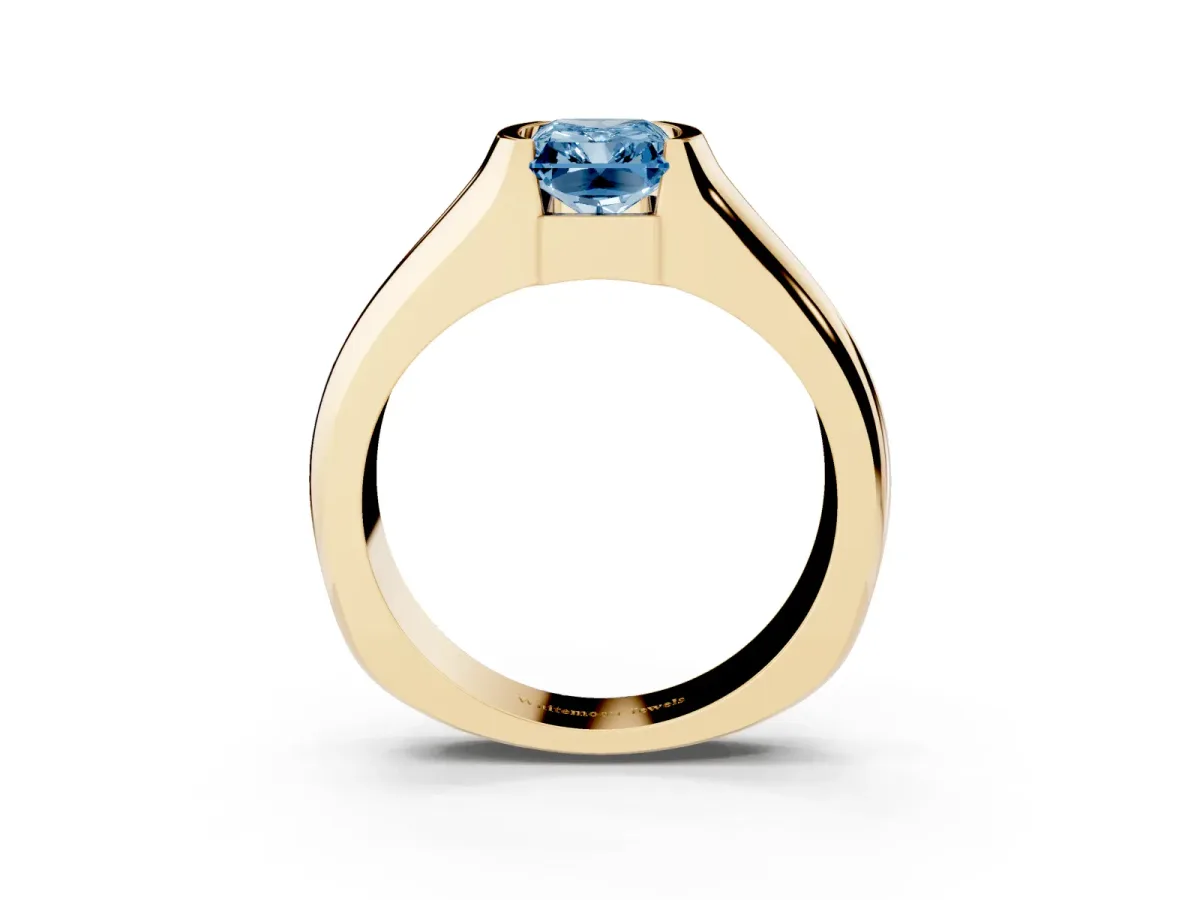Fancy Blue Radiant Cut Solitaire Bezel Set Diamond Ring with Wide Band Yellow gold