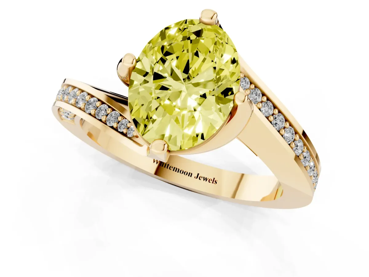 Fancy Yellow Oval Cut Solitaire Diamond Twist Band with Pavé Setting and Four-Prong Setting Yellow gold