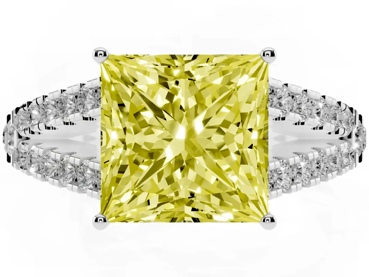 Fancy Yellow Princess Cut Diamond Split Shank Engagement Ring with Round Pavé and Prong Setting Silver