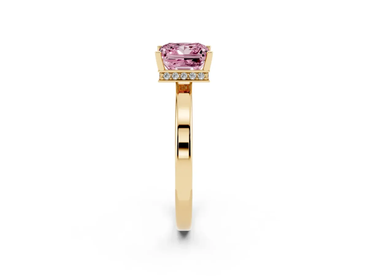 Fancy Pink Princess Cut Cut Solitaire Engagement Ring with Four-Prong Setting on a Classic Band Yellow gold