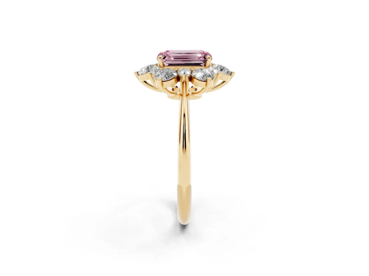 Fancy Pink Emerald Cut Diamond Cluster Halo Ring with Solitaire Band and Four-Prong Setting Yellow gold