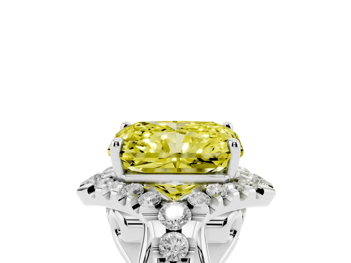 Fancy Yellow Radiant Cut Diamond Solitaire Ring with Hidden Halo and Pavé Band Platinum