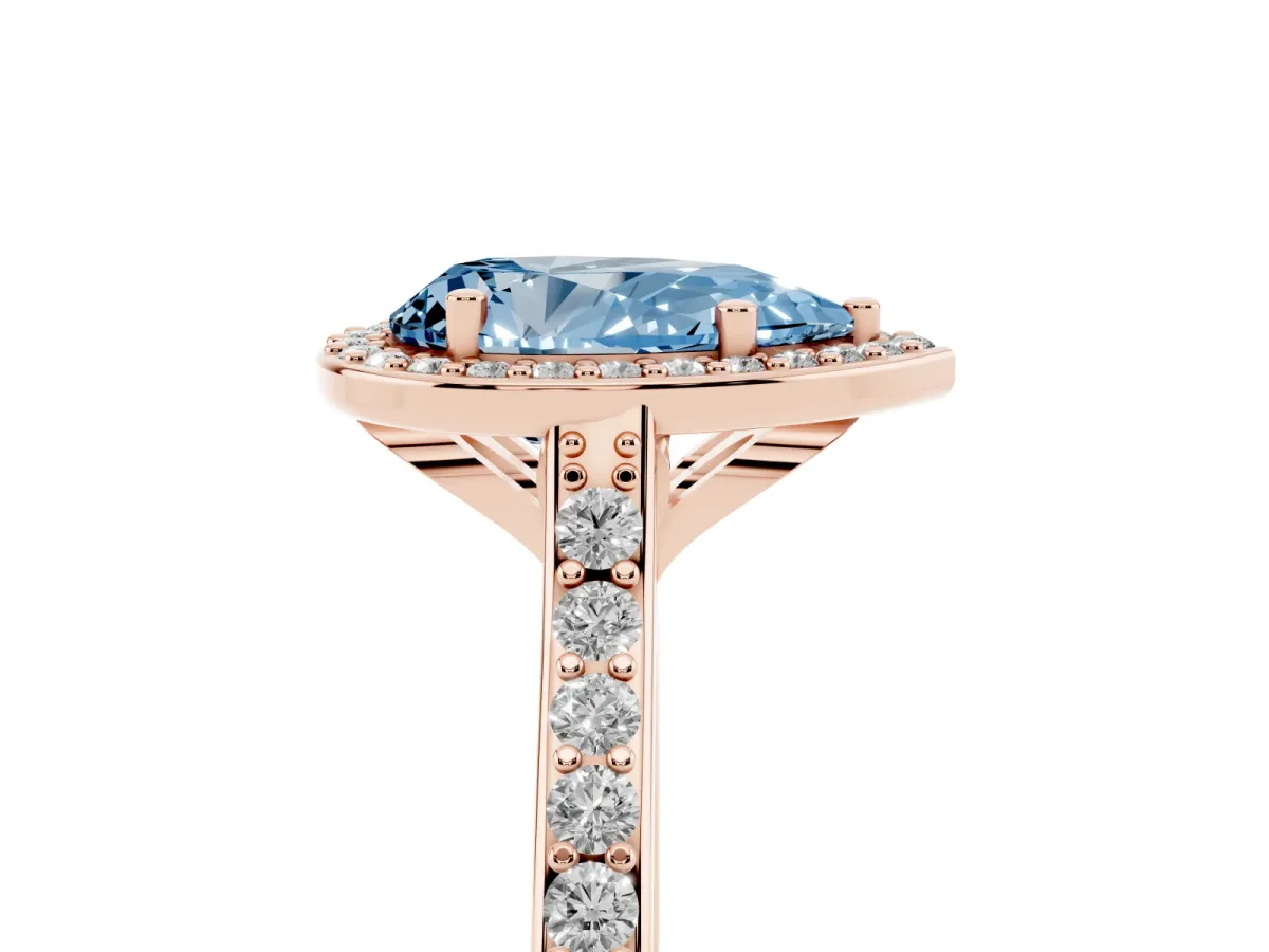 Fancy Blue Pear Cut Diamond Halo Engagement Ring with Round Pavé Shoulders and Prong Setting Rose gold