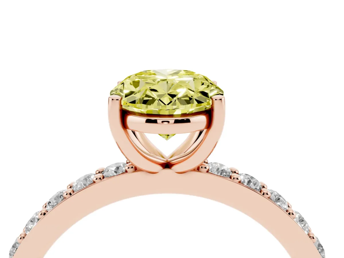 Fancy Yellow Oval Cut Cut Diamond Solitaire with Pave Band and Four-Prong Setting Rose gold