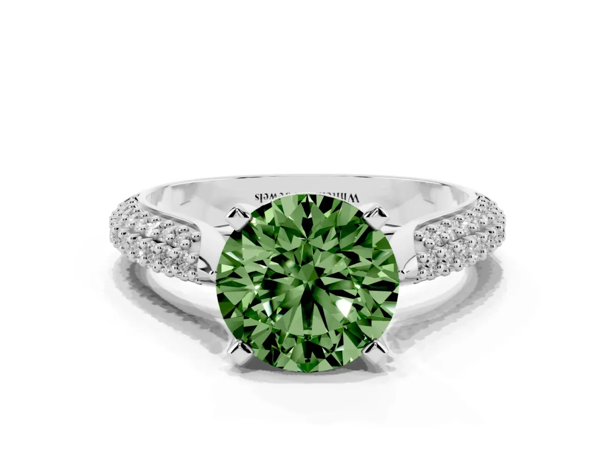 Fancy Green Round Cut Diamond Solitaire Engagement Ring with Multi-Row Round Pavé Band and Prong Setting White gold