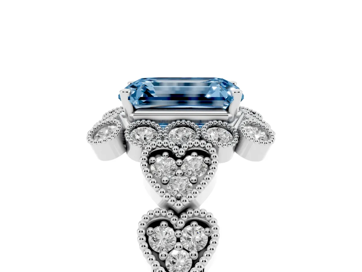 Fancy Blue Emerald Cut Brilliant Milgrain Pave Heart Band Solitaire Ring Silver