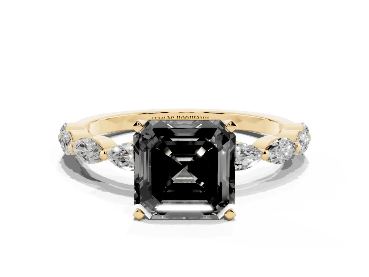 Fancy Black Asscher Cut Diamond Ring with Marquise Side Stones and Prong Setting Yellow gold