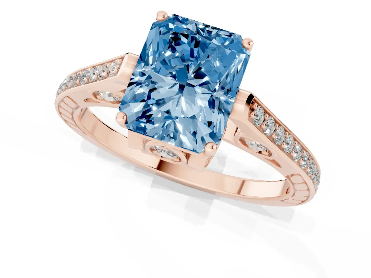 Fancy Blue Radiant Cut Cut Cathedral Pave Diamond Engagement Ring with Six-Prong Setting Rose gold
