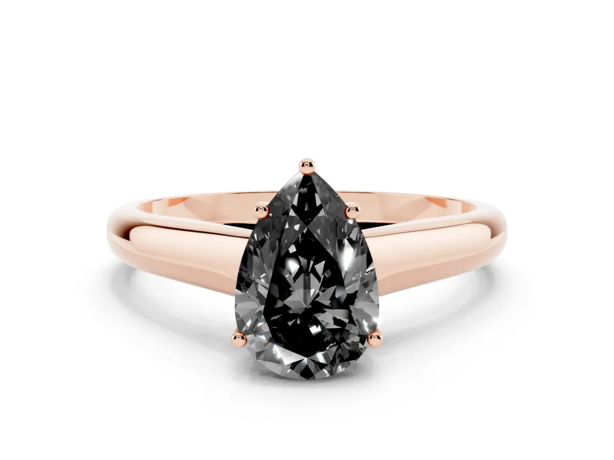 Fancy Black Pear Cut Solitaire Engagement Ring with Tapered Band and Four-Prong Setting Rose gold
