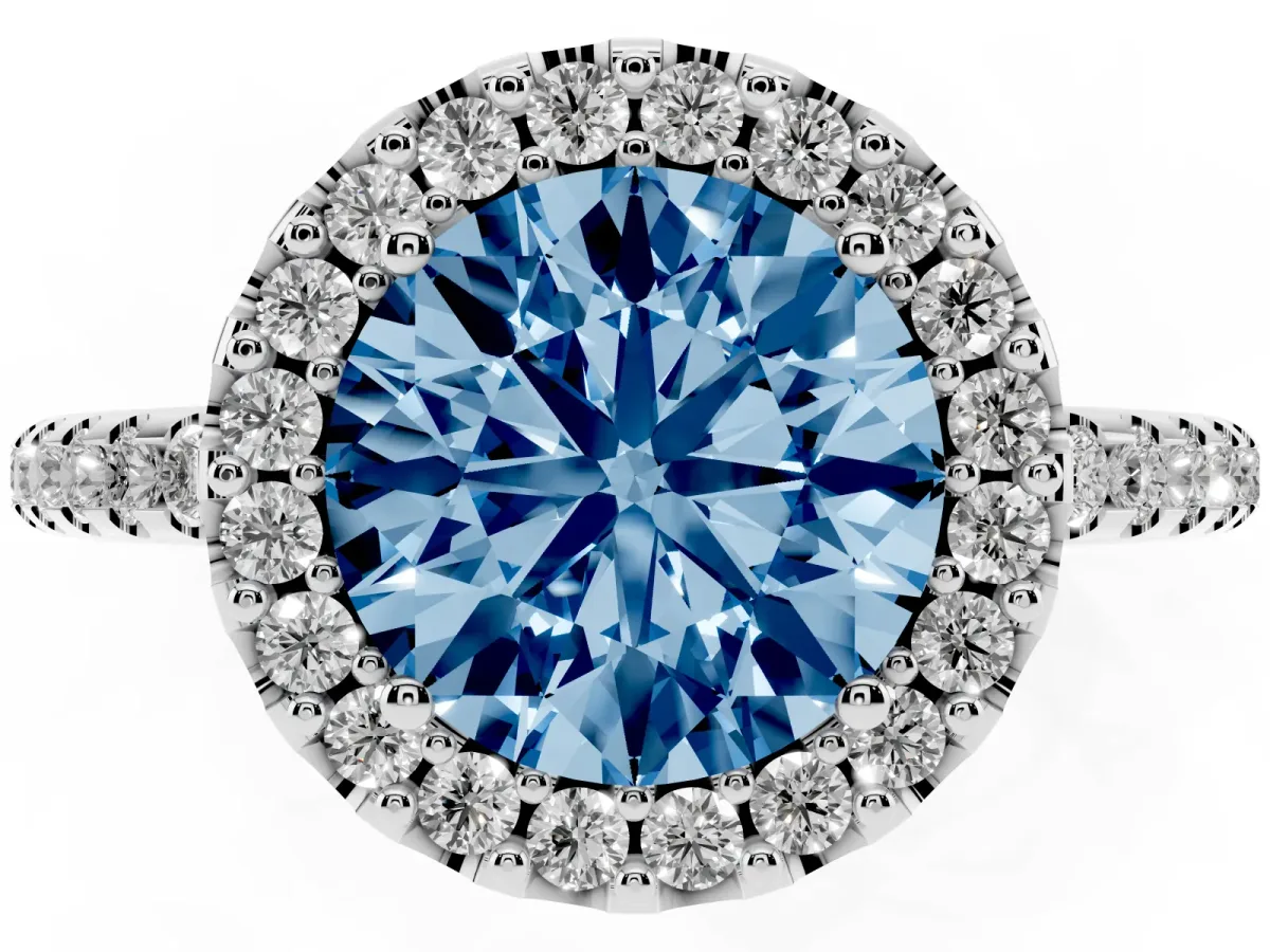 Fancy Blue Round Cut Diamond Pavé Halo Ring with Four-Prong Setting Platinum