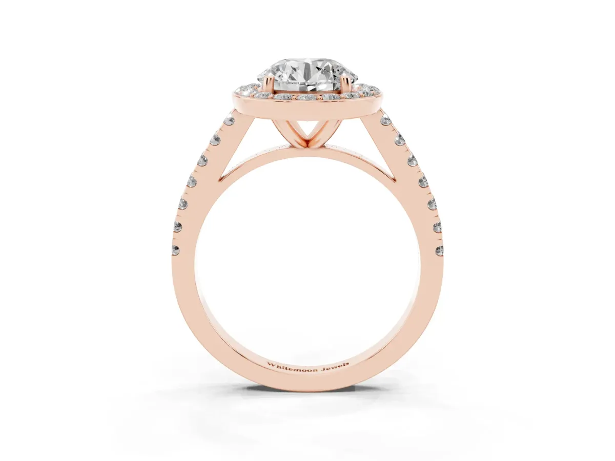 Round Cut Diamond Halo Ring with Round Pavé Split Shank and Prong Setting Rose gold