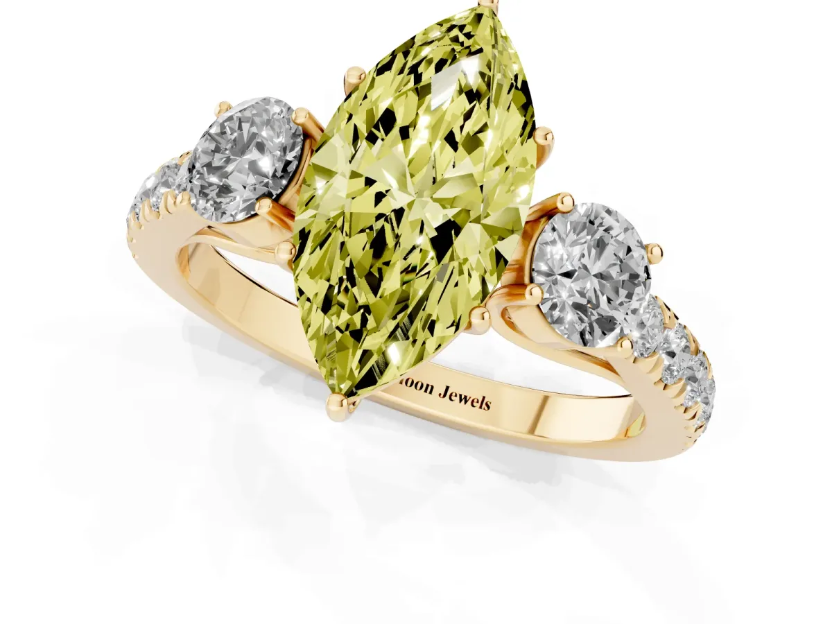 Fancy Yellow Marquise Cut Cut Diamond Three-Stone Ring with Round Side Stones and Pavé Band Yellow gold