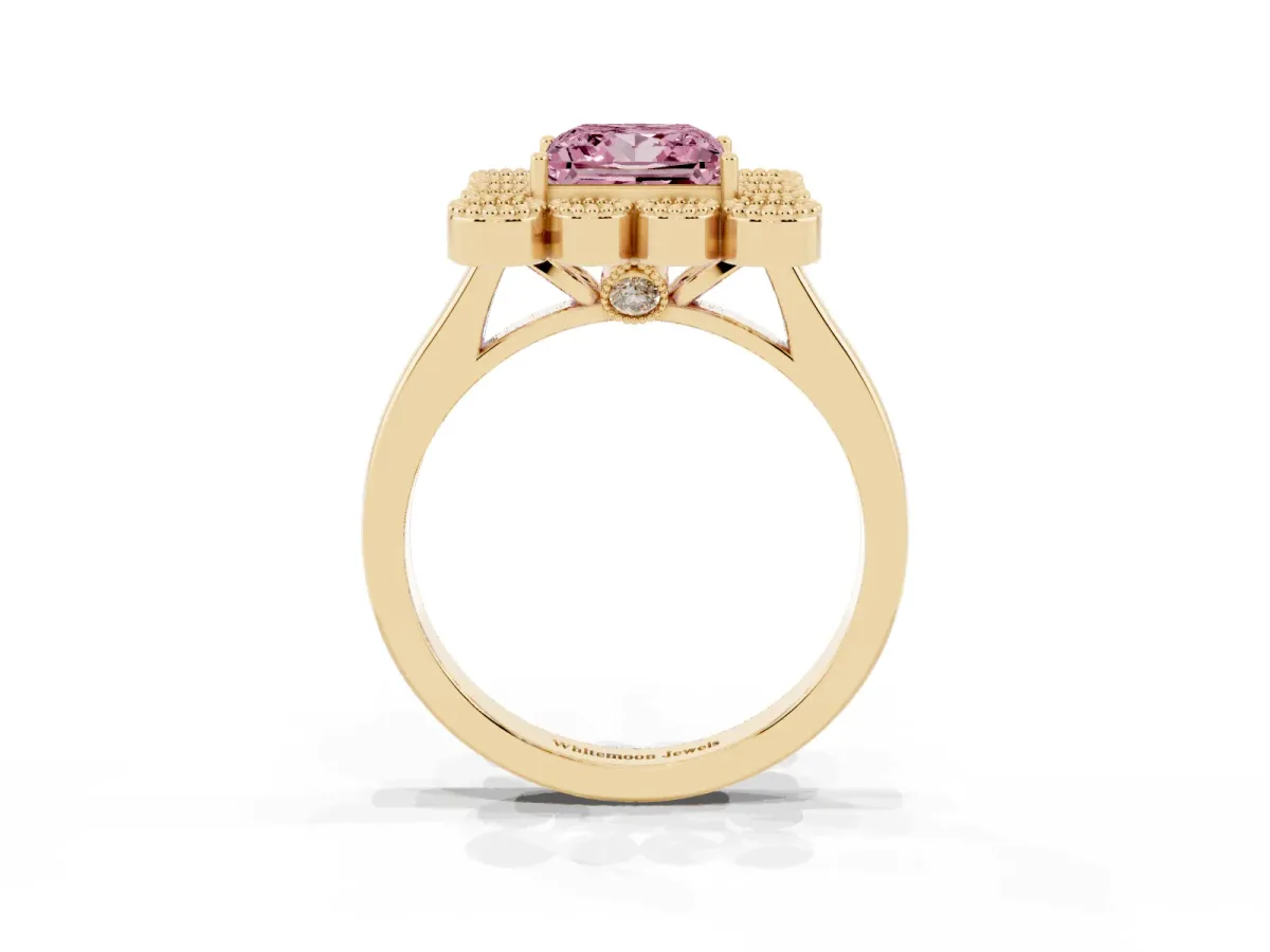 Fancy Pink Princess Cut Halo Diamond Cluster Engagement Ring with Milgrain Bezel Setting and Solitaire Band Yellow gold