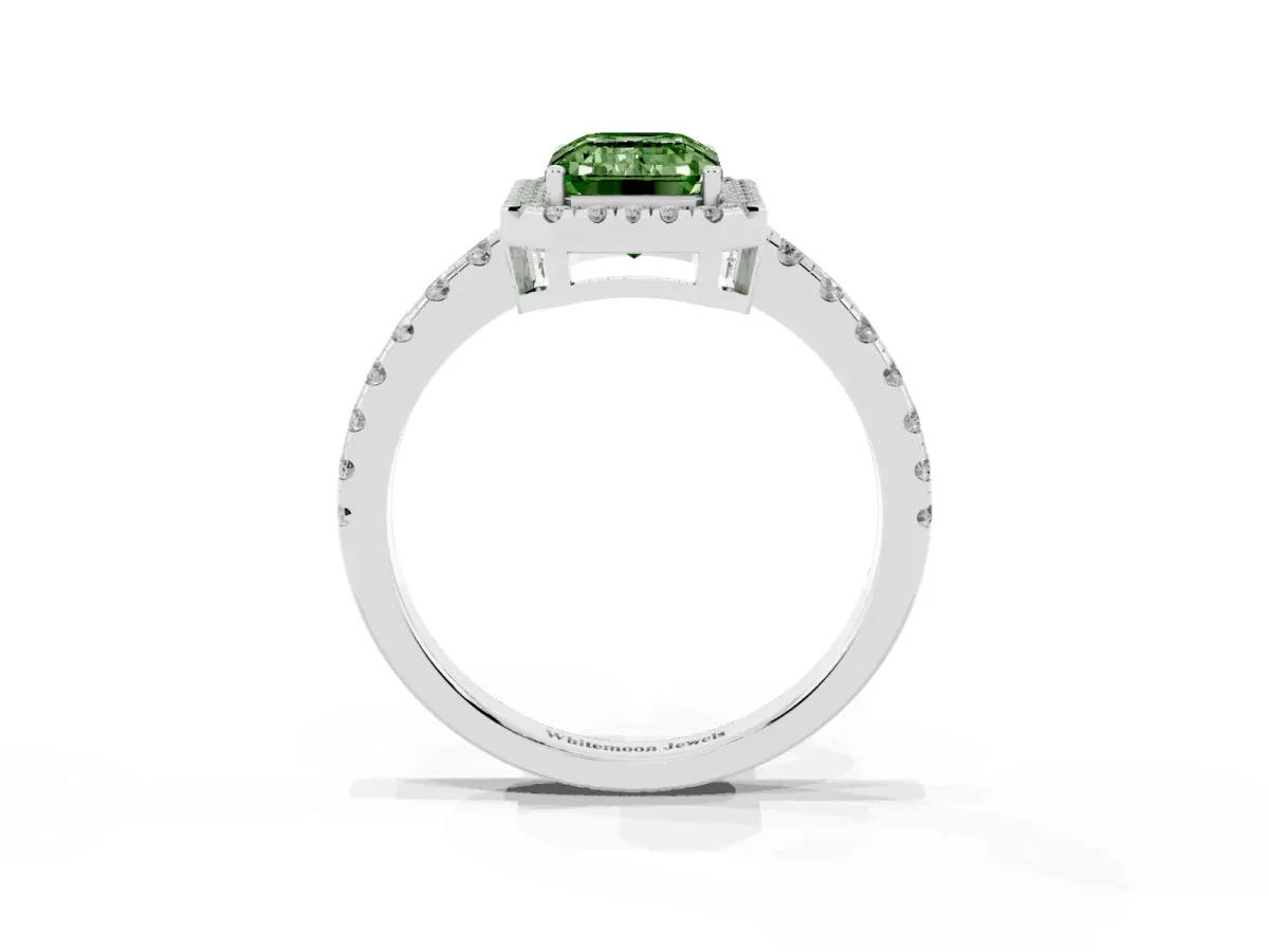 Fancy Green Emerald Cut Diamond Halo Ring with Pavé Band and Four-Prong Setting Platinum