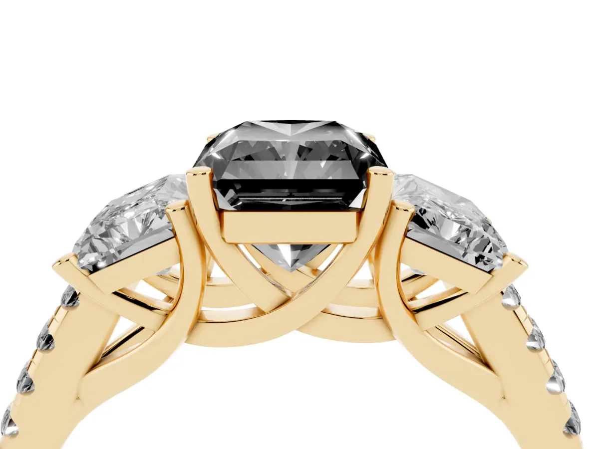 Fancy Black Three-Stone Radiant Cut Diamond Ring with Round Pavé Band and Prong Setting Yellow gold