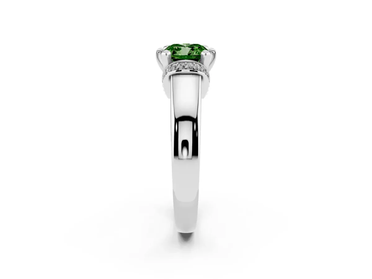 Fancy Green Cushion Cut Solitaire Diamond Ring with Pave Band and Six-Prong Setting Platinum