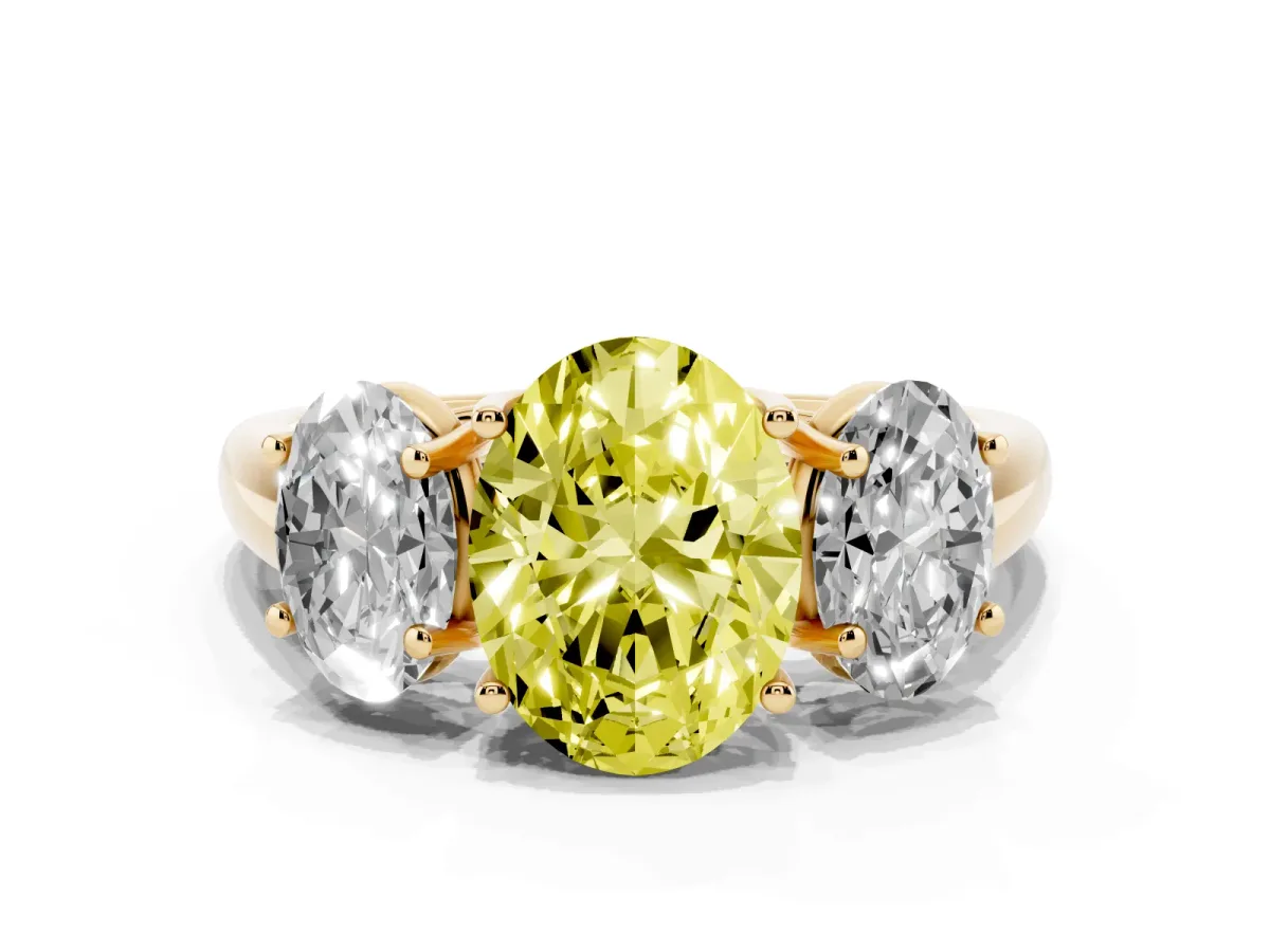 Fancy Yellow Three-Stone Oval Cut Diamond Engagement Ring with Prong Setting Yellow gold