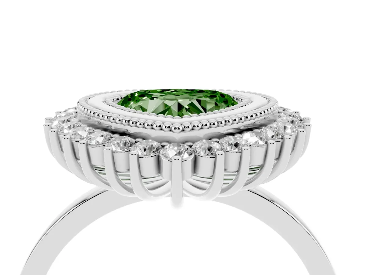 Fancy Green Heart Cut Halo Diamond Ring with Milgrain Edge and Round Prong Setting Silver