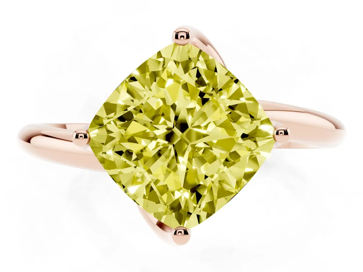 Fancy Yellow Cushion Cut Diamond Solitaire Engagement Ring with Four-Prong Setting and Classic Band Rose gold