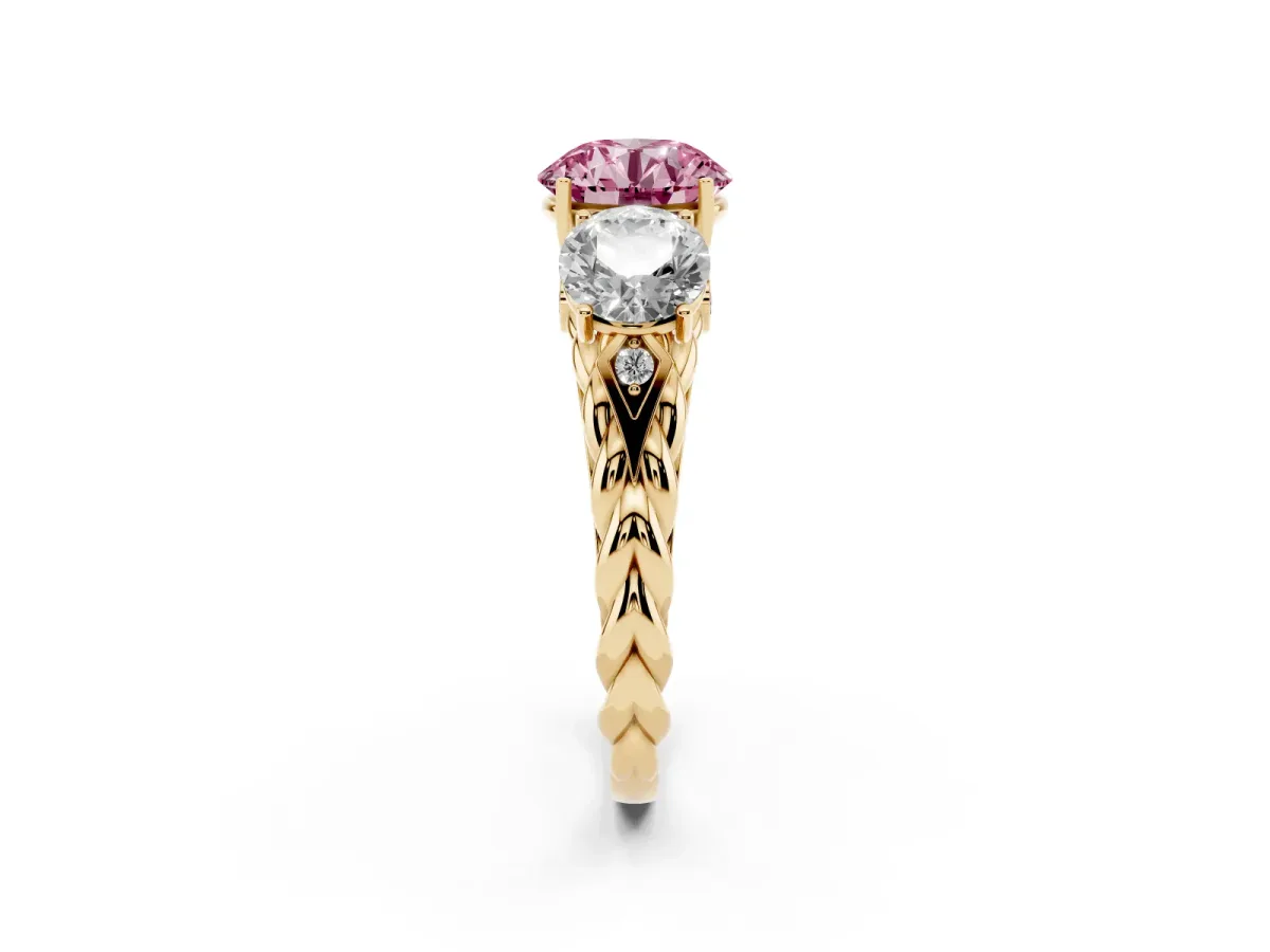 Fancy Pink Three-Stone Round Cut Diamond Braided Band Ring with Four-Prong Setting Yellow gold
