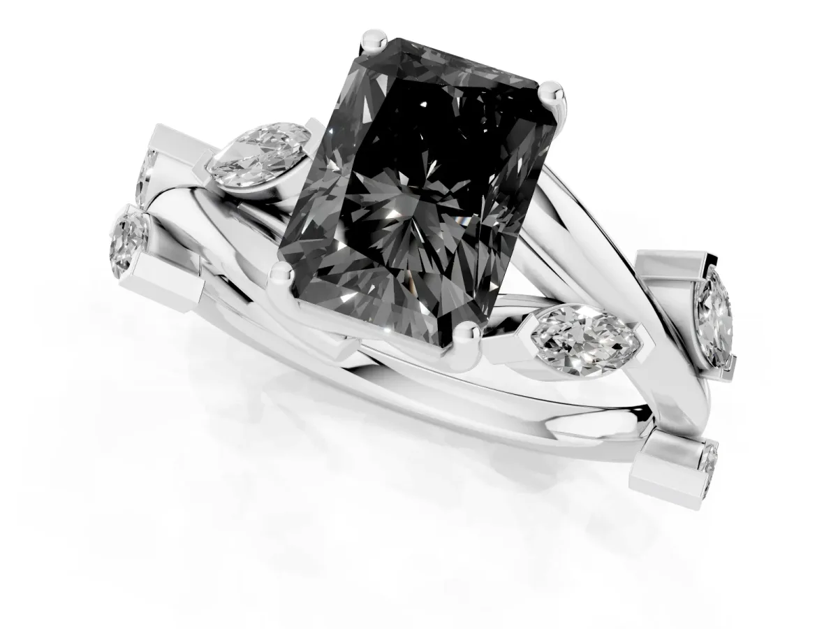 Fancy Black Radiant Cut Solitaire Twisted Band Marquise Accent Prong Setting Ring Platinum
