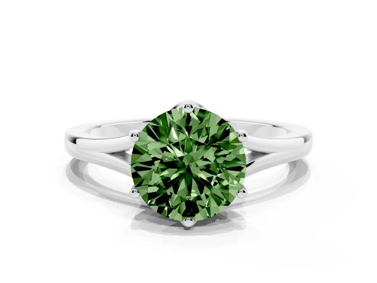 Fancy Green Round Cut Solitaire Diamond Ring with Six-Prong Setting and Tapered Band Silver