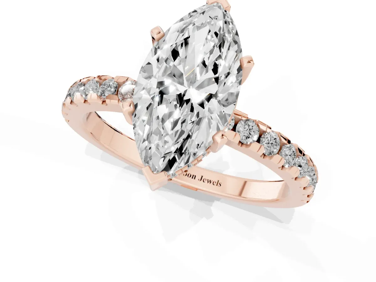 Marquise Cut Diamond Solitaire Ring with Round Pavé Band and Four-Prong Setting Rose gold