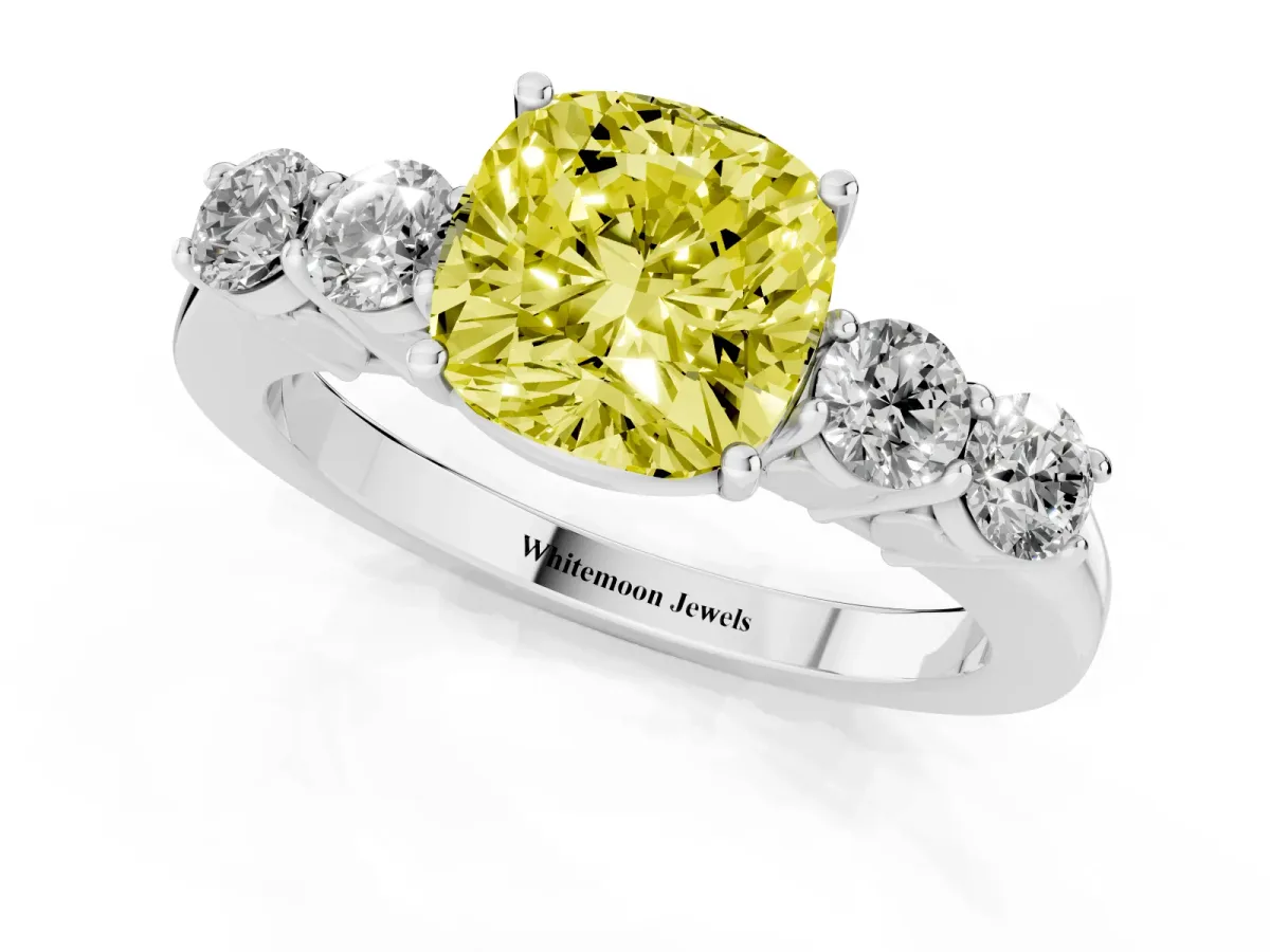 Fancy Yellow Cushion Cut Cut Diamond Five-Stone Prong Set White Gold Ring Silver