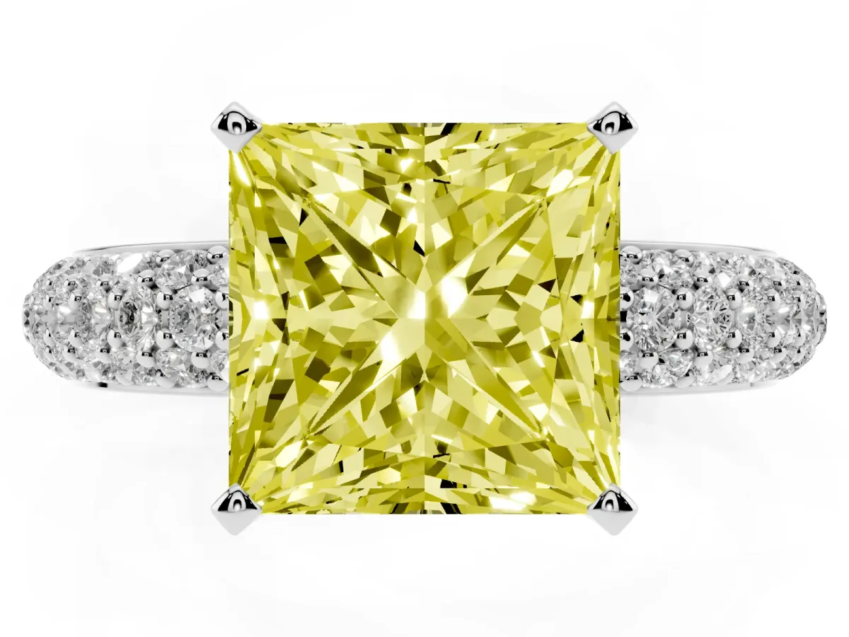Fancy Yellow Princess Cut Diamond Solitaire Ring with Prong Setting and Pavé Band Silver